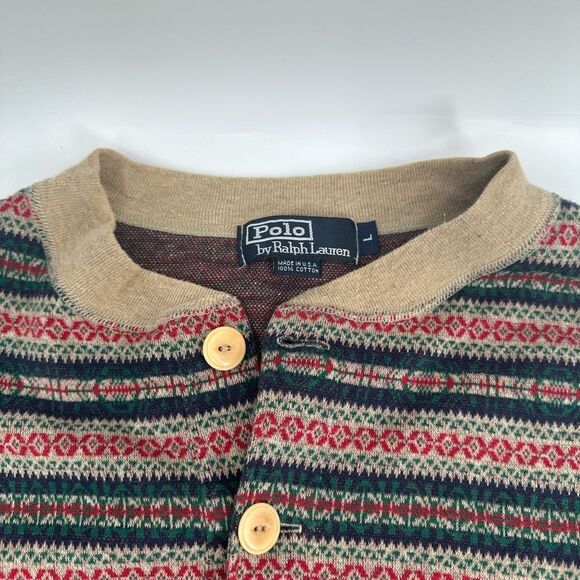 Vintage 90s Polo Ralph Lauren Men Fair Isle Nordic Cotton Shirt Sweater Sz Large - Picture 3 of 7